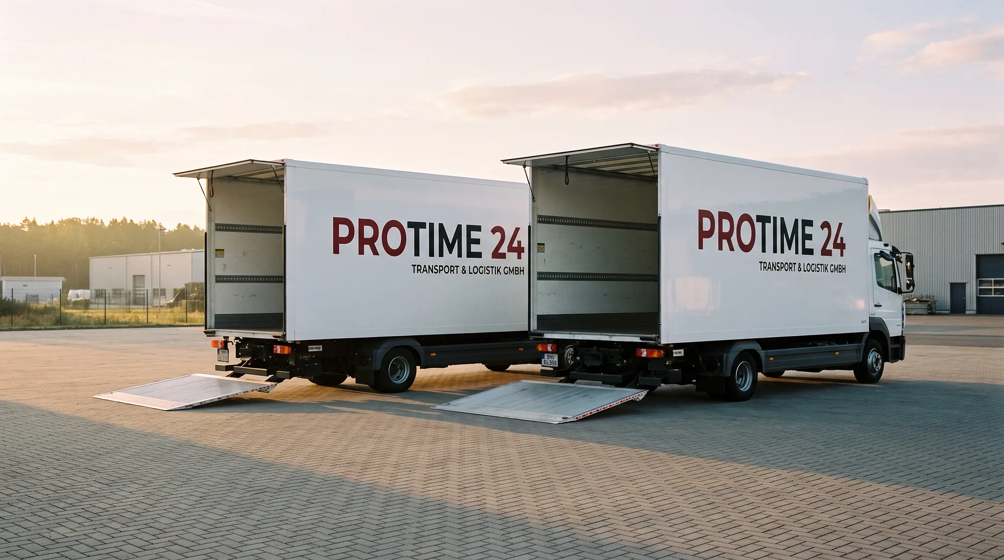 Zwei Umzugswagen von PROTIME 24 mit geöffneten Ladeklappen am frühen Morgen