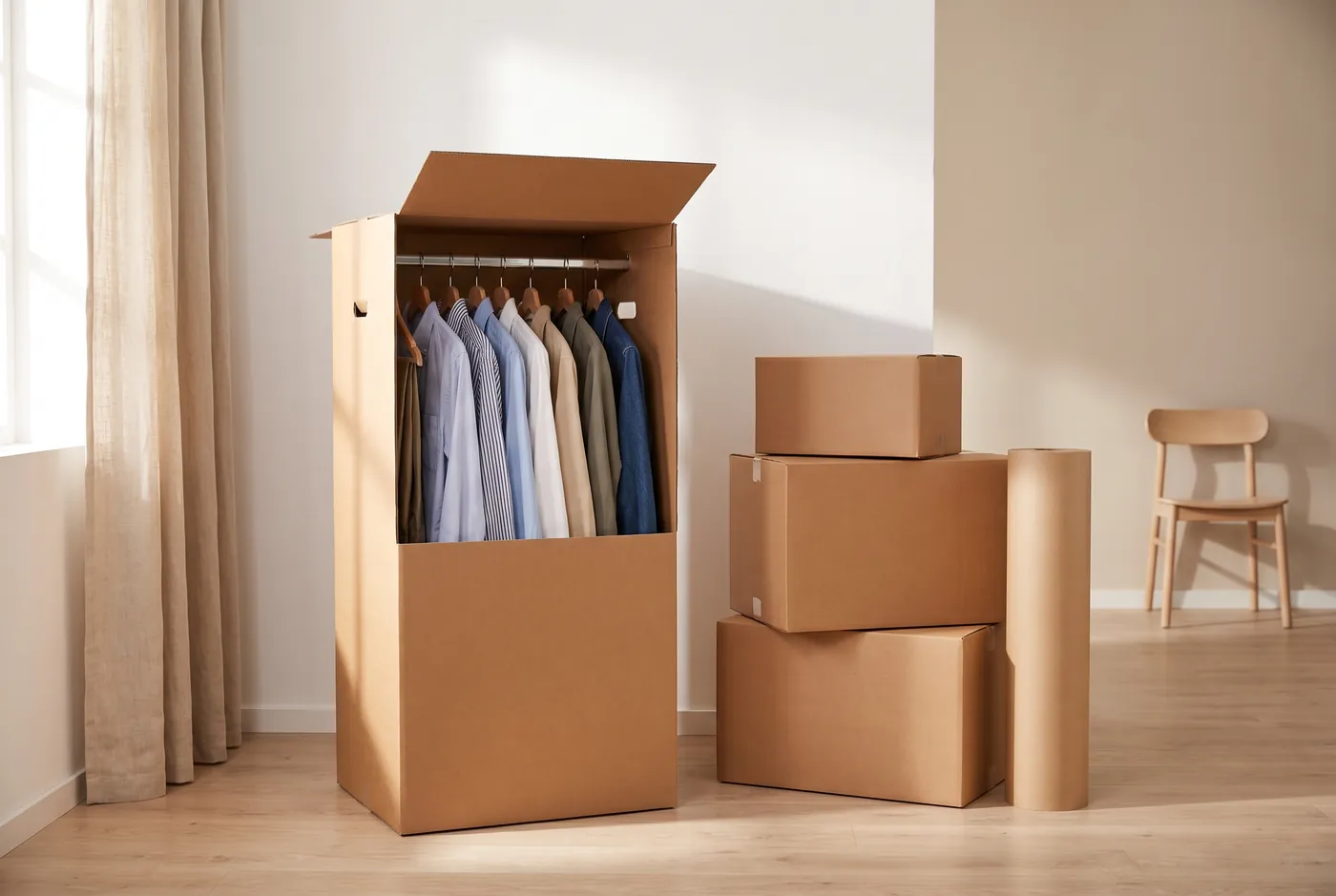 Kleiderbox mit hängender Kleidung neben gestapelten Umzugskartons