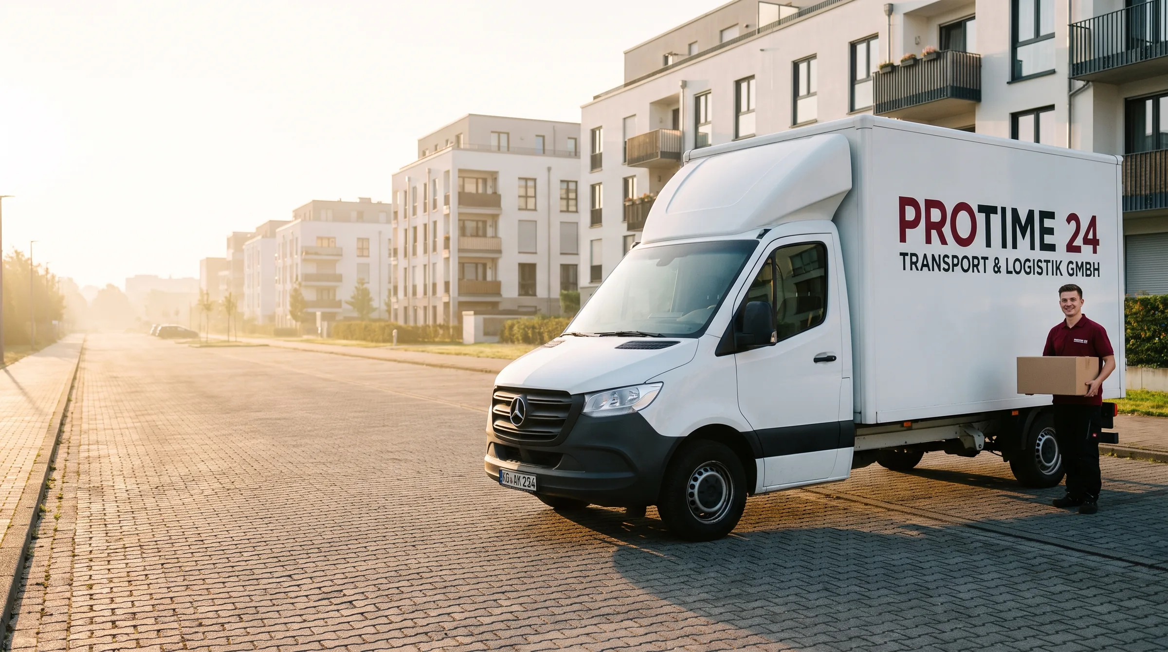 Umzugswagen von PROTIME 24 Transport & Logistik mit Firmenbeschriftung auf einer Wohnstraße im Rhein-Main-Gebiet